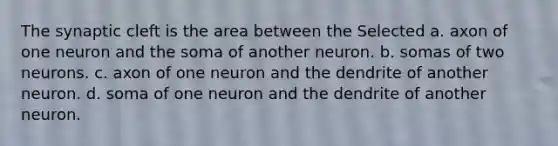 The synaptic cleft is the area between the Selected a. axon of one neuron and the soma of another neuron. b. somas of two neurons. c. axon of one neuron and the dendrite of another neuron. d. soma of one neuron and the dendrite of another neuron.