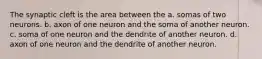 The synaptic cleft is the area between the a. somas of two neurons. b. axon of one neuron and the soma of another neuron. c. soma of one neuron and the dendrite of another neuron. d. axon of one neuron and the dendrite of another neuron.