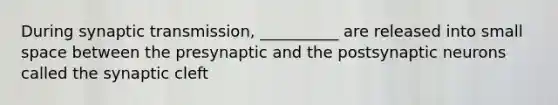 During synaptic transmission, __________ are released into small space between the presynaptic and the postsynaptic neurons called the synaptic cleft