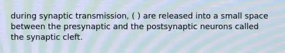 during synaptic transmission, ( ) are released into a small space between the presynaptic and the postsynaptic neurons called the synaptic cleft.