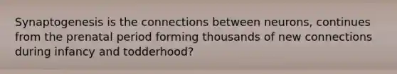 Synaptogenesis is the connections between neurons, continues from the prenatal period forming thousands of new connections during infancy and todderhood?