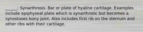 ______: Synarthrosis. Bar or plate of hyaline cartilage. Examples include epiphyseal plate which is synarthrotic but becomes a synostoses bony joint. Also includes first rib on the sternum and other ribs with their cartilage.