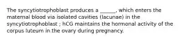 The syncytiotrophoblast produces a ______, which enters the maternal blood via isolated cavities (lacunae) in the syncytiotrophoblast ; hCG maintains the hormonal activity of the corpus luteum in the ovary during pregnancy.