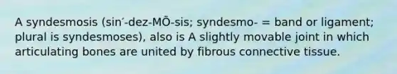 A syndesmosis (sin′-dez-MŌ-sis; syndesmo- = band or ligament; plural is syndesmoses), also is A slightly movable joint in which articulating bones are united by fibrous connective tissue.