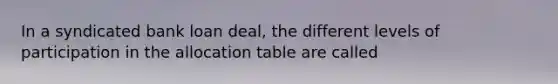 In a syndicated bank loan deal, the different levels of participation in the allocation table are called