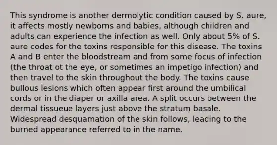 This syndrome is another dermolytic condition caused by S. aure, it affects mostly newborns and babies, although children and adults can experience the infection as well. Only about 5% of S. aure codes for the toxins responsible for this disease. The toxins A and B enter the bloodstream and from some focus of infection (the throat ot the eye, or sometimes an impetigo infection) and then travel to the skin throughout the body. The toxins cause bullous lesions which often appear first around the umbilical cords or in the diaper or axilla area. A split occurs between the dermal tissueue layers just above the stratum basale. Widespread desquamation of the skin follows, leading to the burned appearance referred to in the name.