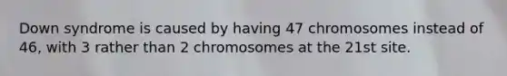 Down syndrome is caused by having 47 chromosomes instead of 46, with 3 rather than 2 chromosomes at the 21st site.