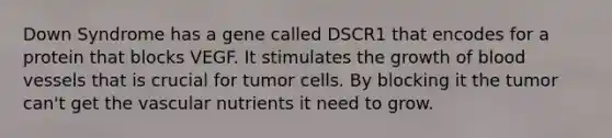 Down Syndrome has a gene called DSCR1 that encodes for a protein that blocks VEGF. It stimulates the growth of <a href='https://www.questionai.com/knowledge/kZJ3mNKN7P-blood-vessels' class='anchor-knowledge'>blood vessels</a> that is crucial for tumor cells. By blocking it the tumor can't get the vascular nutrients it need to grow.