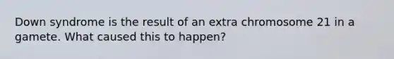 Down syndrome is the result of an extra chromosome 21 in a gamete. What caused this to happen?