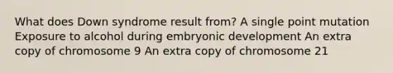 What does Down syndrome result from? A single point mutation Exposure to alcohol during embryonic development An extra copy of chromosome 9 An extra copy of chromosome 21