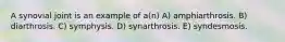 A synovial joint is an example of a(n) A) amphiarthrosis. B) diarthrosis. C) symphysis. D) synarthrosis. E) syndesmosis.