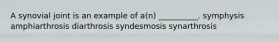 A synovial joint is an example of a(n) __________. symphysis amphiarthrosis diarthrosis syndesmosis synarthrosis