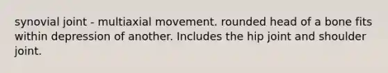 synovial joint - multiaxial movement. rounded head of a bone fits within depression of another. Includes the hip joint and shoulder joint.
