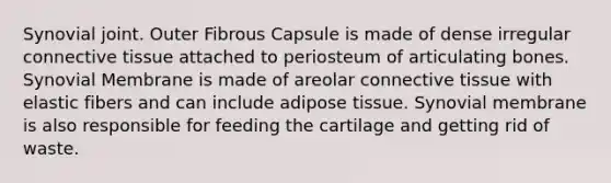 Synovial joint. Outer Fibrous Capsule is made of dense irregular connective tissue attached to periosteum of articulating bones. Synovial Membrane is made of areolar connective tissue with elastic fibers and can include adipose tissue. Synovial membrane is also responsible for feeding the cartilage and getting rid of waste.