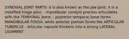 SYNOVIAL JOINT PARTS: it is also known as the jaw joint; it is a modified hinge joint. - mandibular condyle process articulates with the TEMPORAL bone. - posterior temporal bone forms MANDIBULAR FOSSA, while anterior portion forms the ARTICULAR TUBERCLE - Articular capsule thickens into a strong LATERAL LIGAMENT