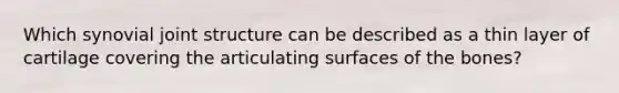 Which synovial joint structure can be described as a thin layer of cartilage covering the articulating surfaces of the bones?