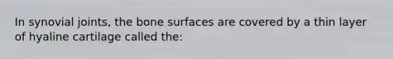 In synovial joints, the bone surfaces are covered by a thin layer of hyaline cartilage called the: