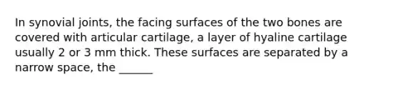 In synovial joints, the facing surfaces of the two bones are covered with articular cartilage, a layer of hyaline cartilage usually 2 or 3 mm thick. These surfaces are separated by a narrow space, the ______