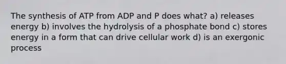 The synthesis of ATP from ADP and P does what? a) releases energy b) involves the hydrolysis of a phosphate bond c) stores energy in a form that can drive cellular work d) is an exergonic process