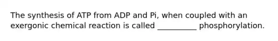 The synthesis of ATP from ADP and Pi, when coupled with an exergonic chemical reaction is called __________ phosphorylation.