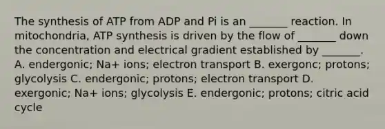 The synthesis of ATP from ADP and Pi is an _______ reaction. In mitochondria, ATP synthesis is driven by the flow of _______ down the concentration and electrical gradient established by _______. A. endergonic; Na+ ions; electron transport B. exergonc; protons; glycolysis C. endergonic; protons; electron transport D. exergonic; Na+ ions; glycolysis E. endergonic; protons; citric acid cycle