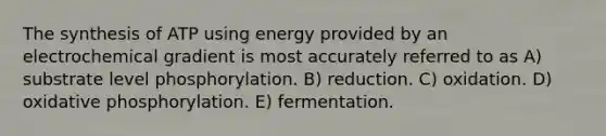 The synthesis of ATP using energy provided by an electrochemical gradient is most accurately referred to as A) substrate level phosphorylation. B) reduction. C) oxidation. D) <a href='https://www.questionai.com/knowledge/kFazUb9IwO-oxidative-phosphorylation' class='anchor-knowledge'>oxidative phosphorylation</a>. E) fermentation.