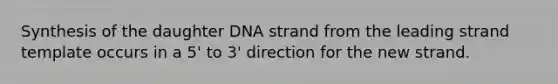 Synthesis of the daughter DNA strand from the leading strand template occurs in a 5' to 3' direction for the new strand.