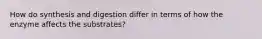 How do synthesis and digestion differ in terms of how the enzyme affects the substrates?