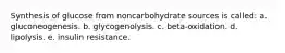 Synthesis of glucose from noncarbohydrate sources is called: a. gluconeogenesis. b. glycogenolysis. c. beta-oxidation. d. lipolysis. e. insulin resistance.