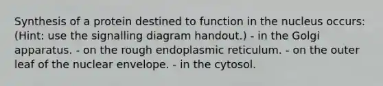 Synthesis of a protein destined to function in the nucleus occurs: (Hint: use the signalling diagram handout.) - in the Golgi apparatus. - on the rough endoplasmic reticulum. - on the outer leaf of the nuclear envelope. - in the cytosol.