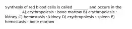 Synthesis of red blood cells is called ________ and occurs in the ________. A) erythropoiesis : bone marrow B) erythropoiesis : kidney C) hemostasis : kidney D) erythropoiesis : spleen E) hemostasis : bone marrow