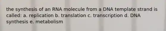 the synthesis of an RNA molecule from a DNA template strand is called: a. replication b. translation c. transcription d. DNA synthesis e. metabolism