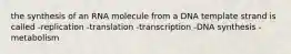 the synthesis of an RNA molecule from a DNA template strand is called -replication -translation -transcription -DNA synthesis -metabolism