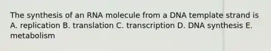 The synthesis of an RNA molecule from a DNA template strand is A. replication B. translation C. transcription D. DNA synthesis E. metabolism