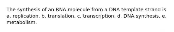 The synthesis of an RNA molecule from a DNA template strand is a. replication. b. translation. c. transcription. d. DNA synthesis. e. metabolism.