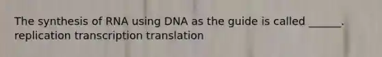 The synthesis of RNA using DNA as the guide is called ______. replication transcription translation