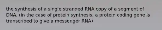 the synthesis of a single stranded RNA copy of a segment of DNA. (In the case of protein synthesis, a protein coding gene is transcribed to give a messenger RNA)