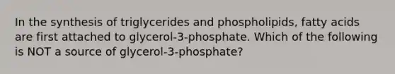 In the synthesis of triglycerides and phospholipids, fatty acids are first attached to glycerol-3-phosphate. Which of the following is NOT a source of glycerol-3-phosphate?