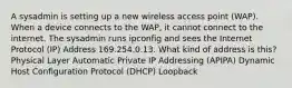 A sysadmin is setting up a new wireless access point (WAP). When a device connects to the WAP, it cannot connect to the internet. The sysadmin runs ipconfig and sees the Internet Protocol (IP) Address 169.254.0.13. What kind of address is this? Physical Layer Automatic Private IP Addressing (APIPA) Dynamic Host Configuration Protocol (DHCP) Loopback