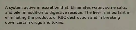 A system active in excretion that: Eliminates water, some salts, and bile, in addition to digestive residue. The liver is important in eliminating the products of RBC destruction and in breaking down certain drugs and toxins.