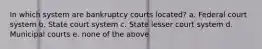 In which system are bankruptcy courts located? a. Federal court system b. State court system c. State lesser court system d. Municipal courts e. none of the above