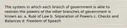 The system in which each branch of government is able to restrain the powers of the other branches of government is known as: a. Rule of Law b. Separation of Powers c. Checks and Balances d. Freedom of Speech