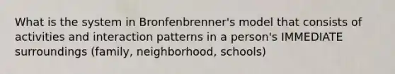 What is the system in Bronfenbrenner's model that consists of activities and interaction patterns in a person's IMMEDIATE surroundings (family, neighborhood, schools)