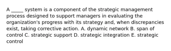 A _____ system is a component of the strategic management process designed to support managers in evaluating the organization's progress with its strategy and, when discrepancies exist, taking corrective action. A. dynamic network B. span of control C. strategic support D. strategic integration E. strategic control