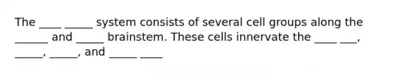 The ____ _____ system consists of several cell groups along the ______ and _____ brainstem. These cells innervate the ____ ___, _____, _____, and _____ ____