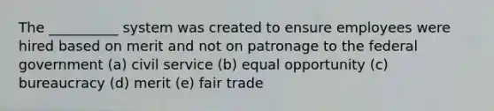 The __________ system was created to ensure employees were hired based on merit and not on patronage to the federal government (a) civil service (b) equal opportunity (c) bureaucracy (d) merit (e) fair trade