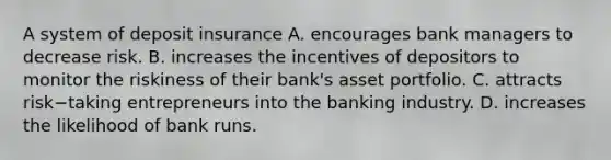 A system of deposit insurance A. encourages bank managers to decrease risk. B. increases the incentives of depositors to monitor the riskiness of their​ bank's asset portfolio. C. attracts risk−taking entrepreneurs into the banking industry. D. increases the likelihood of bank runs.