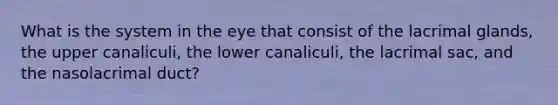 What is the system in the eye that consist of the lacrimal glands, the upper canaliculi, the lower canaliculi, the lacrimal sac, and the nasolacrimal duct?