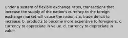 Under a system of flexible exchange rates, transactions that increase the supply of the nation's currency to the foreign exchange market will cause the nation's a. trade deficit to increase. b. products to become more expensive to foreigners. c. currency to appreciate in value. d. currency to depreciate in value.