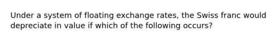 Under a system of floating exchange rates, the Swiss franc would depreciate in value if which of the following occurs?